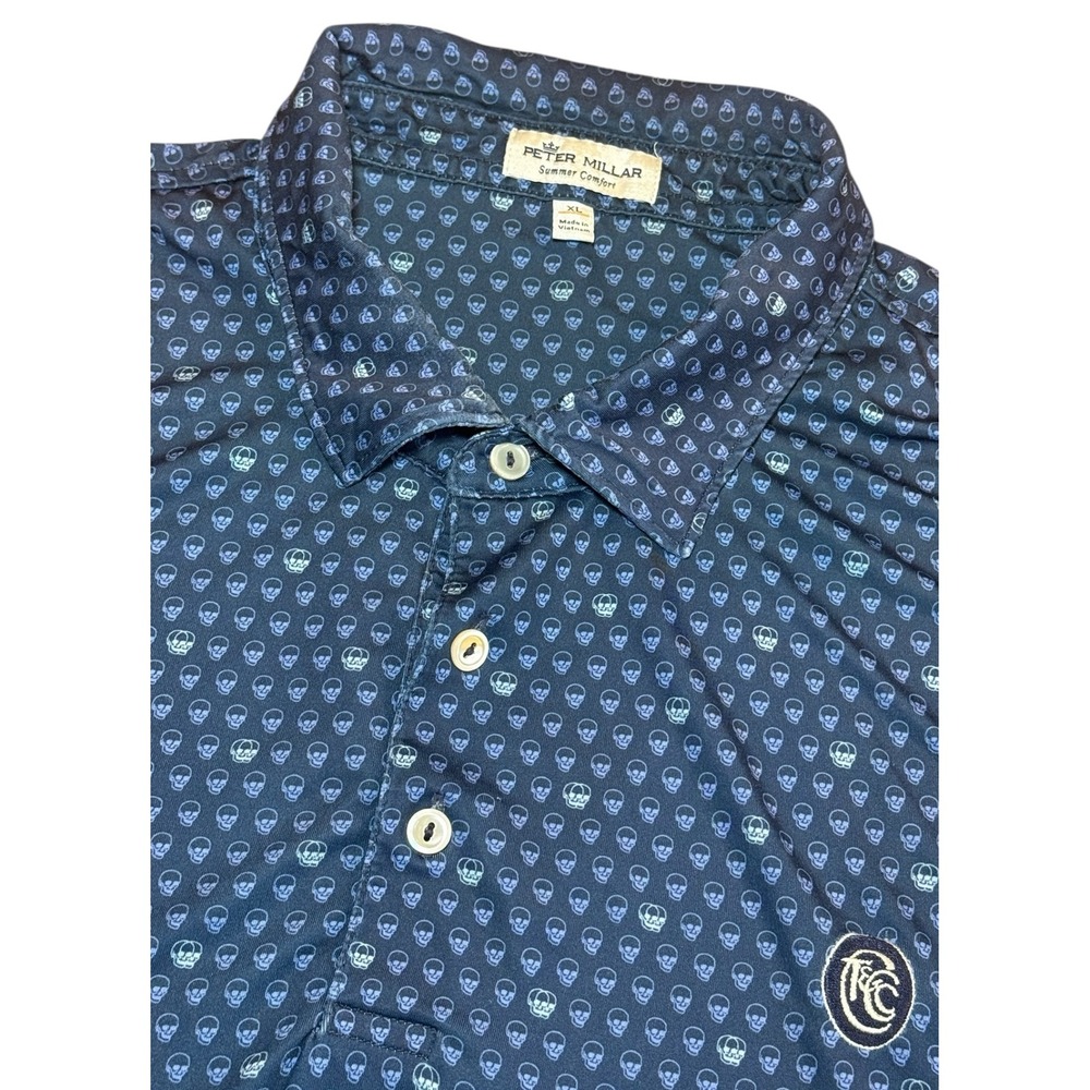 Peter Millar Summer Comfort Golf Polo Shirt Mens XL Blue Skulls All Over S/S